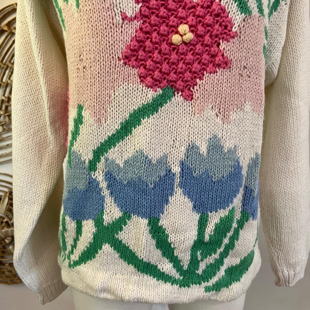 Vintage Cream Cotton Knit Floral Intarsia Sweater Popcorn Stitch Large - Picture 6 of 7